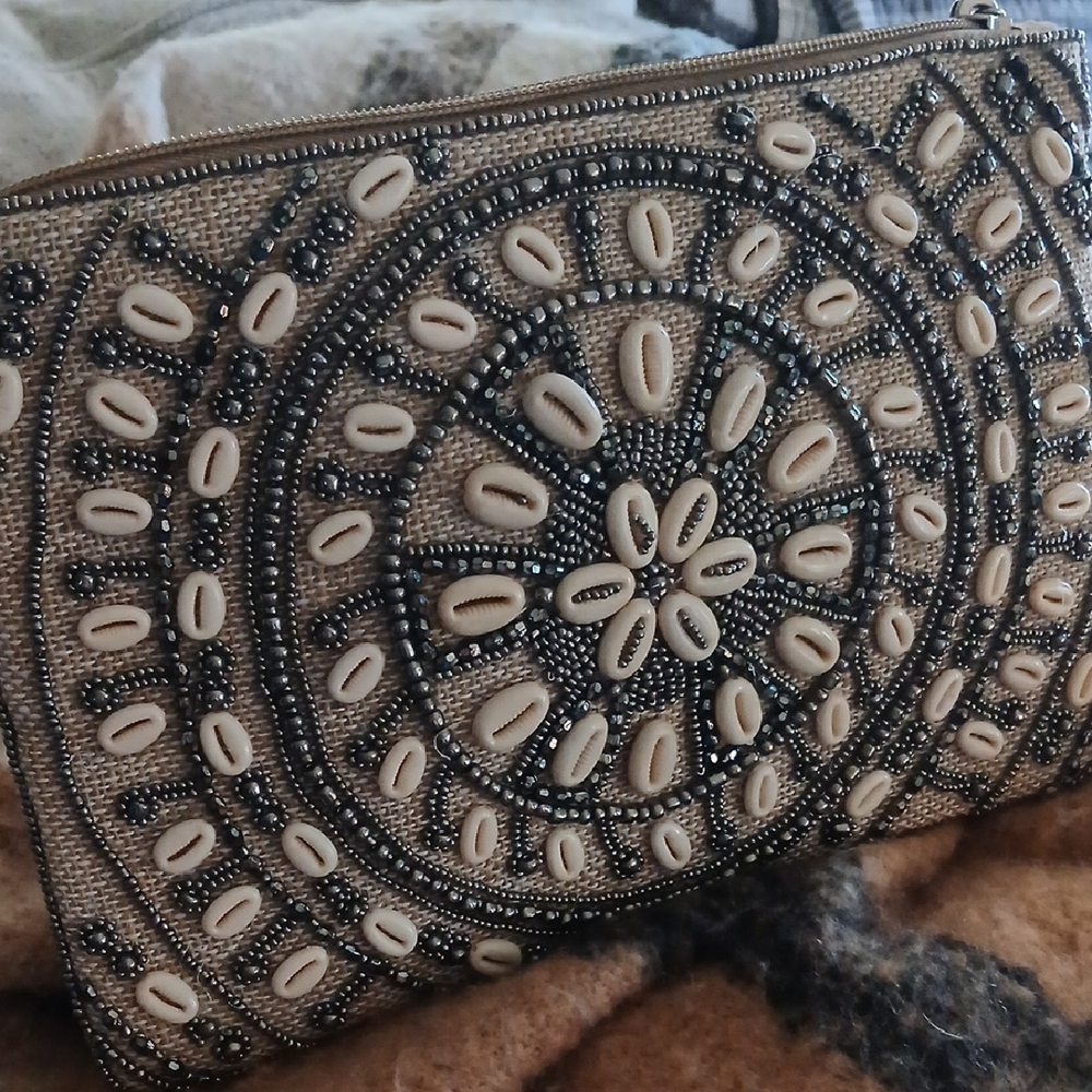 Beaded Clutch with Shell Accents Burlap